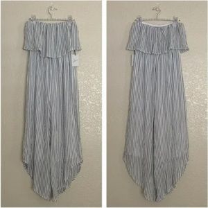 Strapless blue and white striped jumpsuit